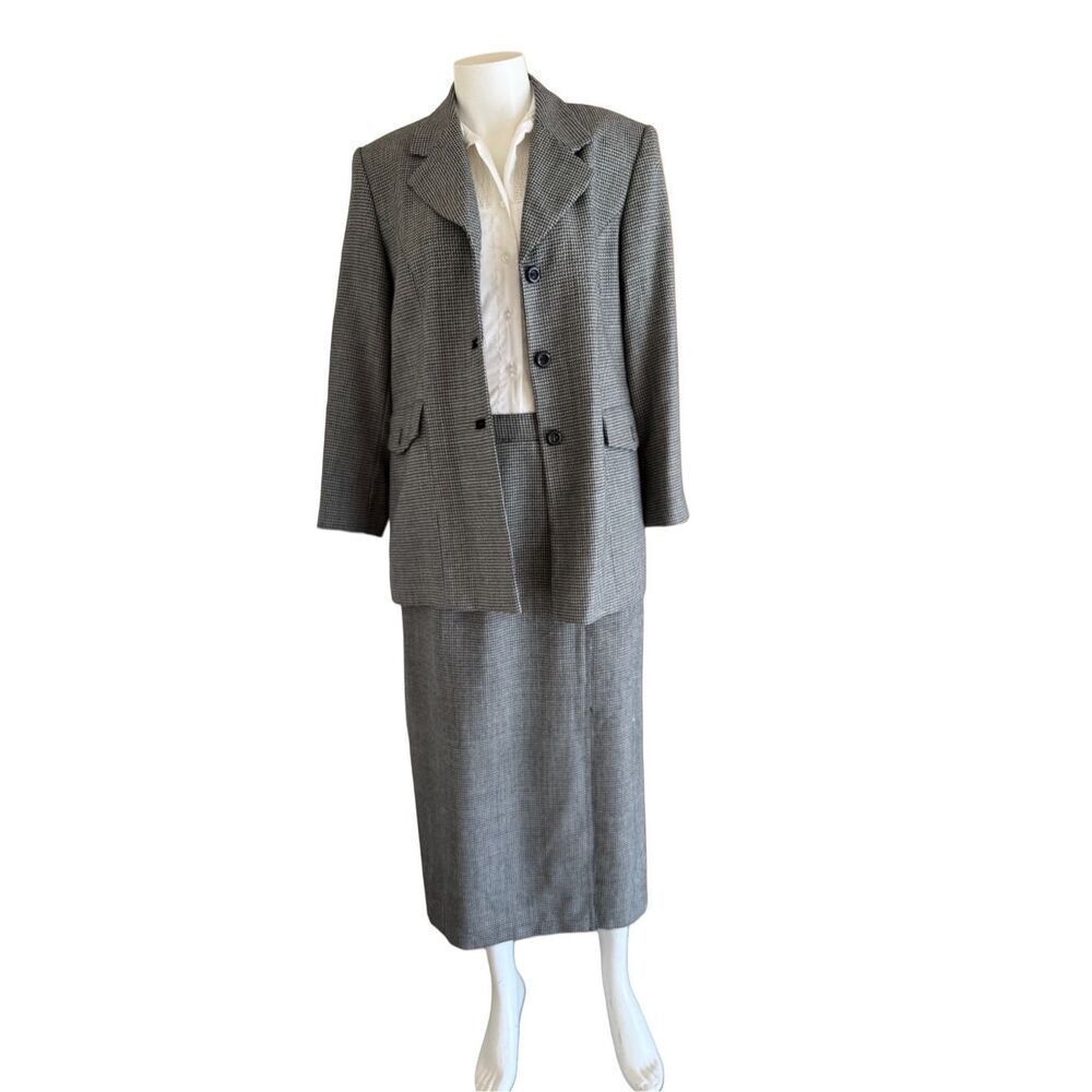 Conrad C Collection 100% wool 2 pc set blazer skirt  black white houndstooth L 1